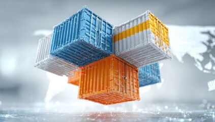 Six cargo containers artfully assembled in a complex geometric shape against a soft background