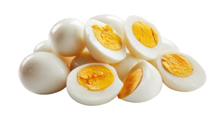 A stack of peeled hard-boiled eggs, some sliced open to reveal bright yellow yolks