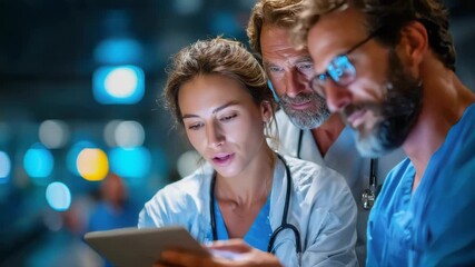 Medical team of doctors reviewing patient data on tablet in modern hospital environment - Powered by Adobe