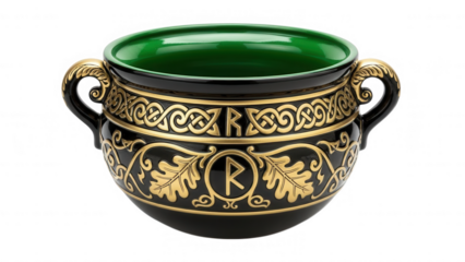 Ornate black pottery bowl with gold designs isolated on transparent background isolated on transparent background