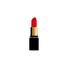 A cartoon lipstick graphic on a solid black background. The lipstick is red with a gold case