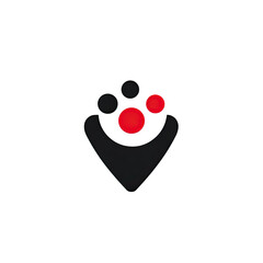 A dark emblem features a stylized, grey drop shape with red circles and smaller spheres