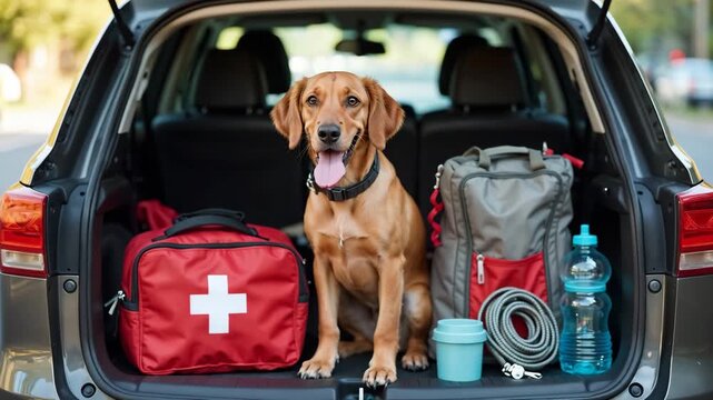 Happy dog sitting in an open car trunk surrounded by travel essentials. Golden Retriever ready for a road trip with first aid kit and backpack. Pet adventure and safety concept