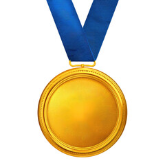 A gold award medallion on a blue ribbon, hanging against a dark background