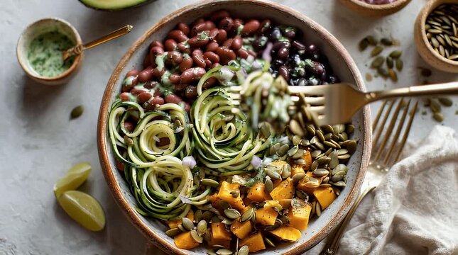 Vibrant healthy vegan buddha bowl with black beans zucchini squash pumpkin seeds and lime on rustic table top view stock video