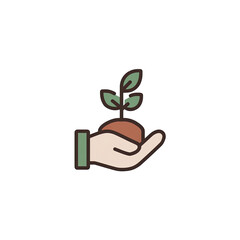 A hand, outlined and flat, holding a small brown earth ball with a growing plant