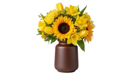 Bright sunflower bouquet in brown vase