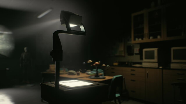 Overhead projector casting focused light across dark classroom desk, vintage ambiance with floating dust and dramatic contrast. Transparent sheet on projector