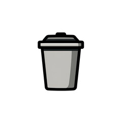 A grayscale, stylized depiction of a waste receptacle, featuring a lid and set against black