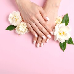 A close-up of a woman's hands adorned with elegant white manicured nails, gently holding a bouquet of vibrant, colorful flowers.