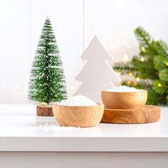 A rustic wooden bowl filled with granulated white sugar sits on a festive table, with charming Christmas trees adorned with twinkling lights in the background.