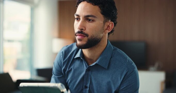 Thinking, idea or man in office with tablet, draft insight or brainstorming for article update. Reflection, inspiration or journalist with tech, story development or planning column for publication.