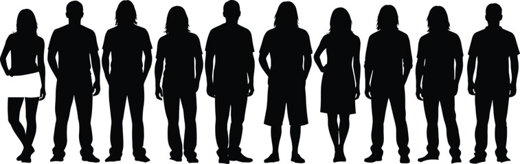 Set of Diverse Black People Silhouettes Featuring Men and Women in Casual Summer Clothing Standing in a Row Isolated on a White Background