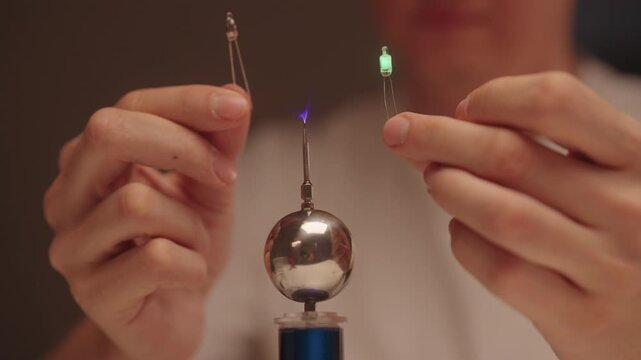 Scientist hands holding two leds near mini tesla coil, observing electrostatic discharge and electrical sparks illuminating light-emitting diodes during physics experiment, close-up, slow motion.