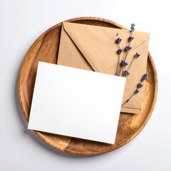 A rustic wooden plate elegantly displays two colorful envelopes alongside a small bouquet of vibrant flowers, creating a charming, inviting scene.