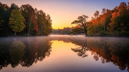 Golden light illuminates a peaceful autumn landscape, with vibrant foliage mirroring perfectly in the calm, misty waters of a tranquil lake at dawn