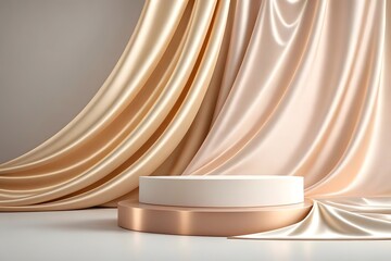 3D Render of a Dual Layer Round Podium with Luxurious Gold and Cream Silk Curtain Backdrop