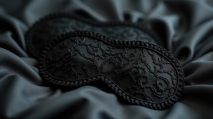 Pair of black lace sleep masks on satin pillow, luxurious sleep accessory and dark romantic ritual detail