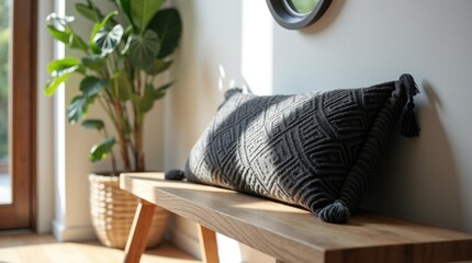 Black geometric pillow on oak bench in hallway, modern entryway accent and structured cozy welcome