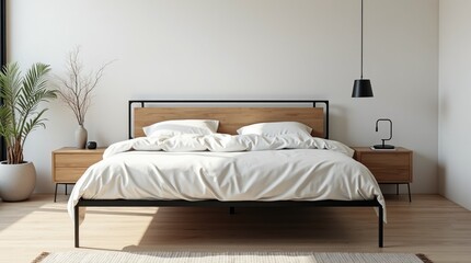 Black metal bed frame with oak headboard in minimalist bedroom, modern organic sanctuary and serene sleep environment