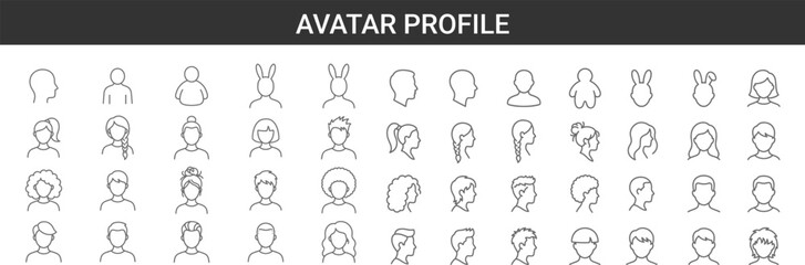 Minimal avatar profile line icon set showing male and female heads, hairstyles, and user portraits for UI, app, web design, infographics, and interface projects.