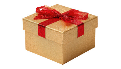 Golden gift box with red ribbon and bow, isolated on black background, present