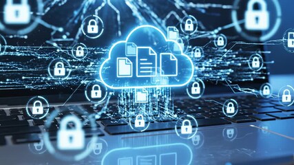Laptop with cloud computing security icons - Powered by Adobe