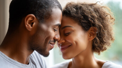 Obraz premium Mixed race couple being intimate, front window interracial relationship, visualization diverse love display, domestic romance concept, with copy space
