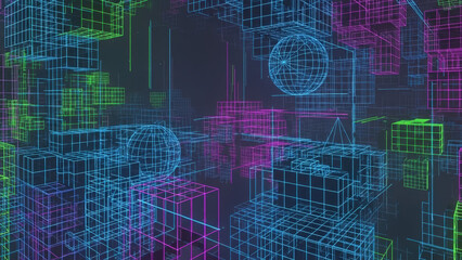 Vibrant 3D wireframe scene with glowing neon blocks and spheres