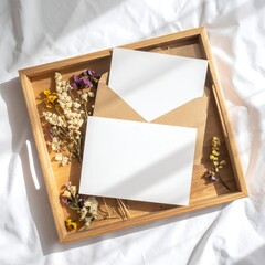 A rustic wooden tray adorned with vibrant, fresh flowers in various colors, accompanied by a neatly placed sheet of crisp white paper, creating a charming display.