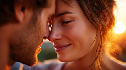 Intimate portrait couple embracing display, during sunset captured close angle, expressions focused warm sunset colors, romantic backdrop enhancing visualization, with copy space