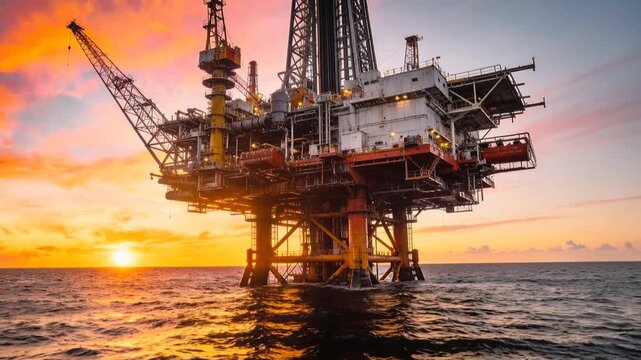 Petroleum extraction facility standing in ocean waters under vibrant dusk sky. Fixed drilling rig with cranes and processing units.