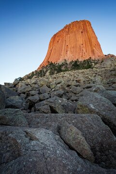 Devil's Tower glows orange in the evening light, rising above rocky slopes and pine trees in northeastern Wyoming.