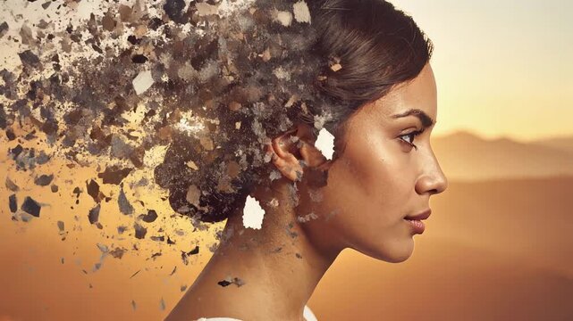 砂漠の背景で女性の横顔が粒子として舞い意識と記憶の広がりを示す表現