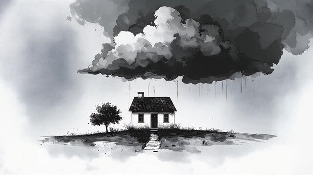 暗い雲の下に佇む家を描いた白黒イラストが内省的な心情を映す