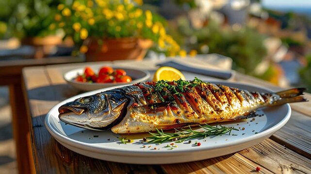 屋外テーブルに置かれた魚料理が自然と調和した食事の時間を表現