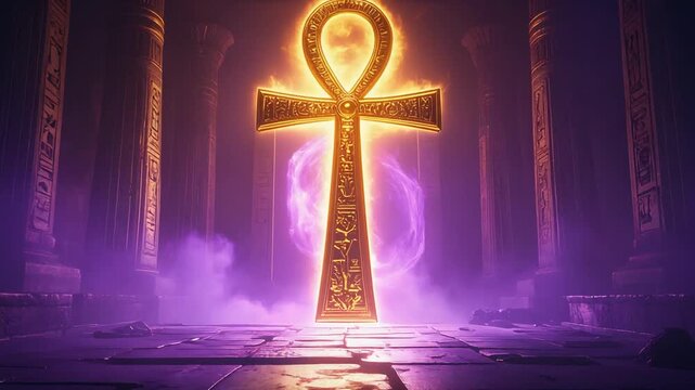 荘厳な空間に輝くアンク十字が神秘的な信仰と古代文化を象徴
