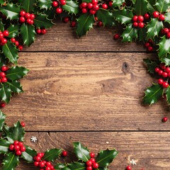 A festive Christmas holly wreath adorned with vibrant red berries and lush green leaves, beautifully displayed against a rustic wooden background.