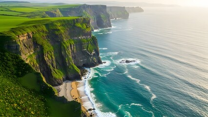 Aerial view of the cliffs of moher on a sunny day in ireland