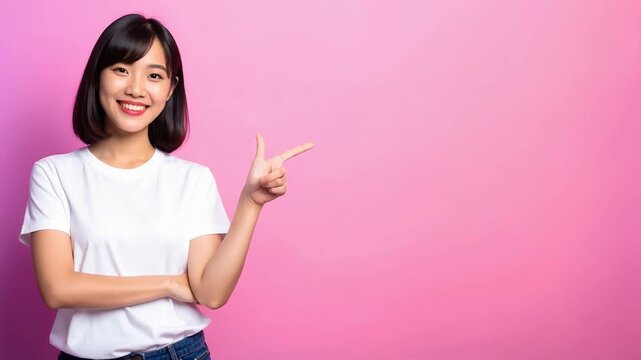 ピンク背景で腕を組み微笑む女性が親しみと自信を感じさせる