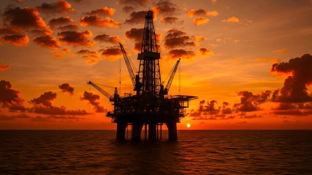 Jackup drilling rig silhouetted against dramatic sunset over ocean. Timelapse shot with golden hour lighting.