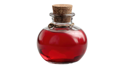 Small round glass bottle with cork stopper, containing a vibrant red liquid, isolated on black