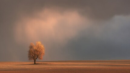 a solitary tree glowing under soft rain, golden and blush light filtering through clouds, terracotta earth tones