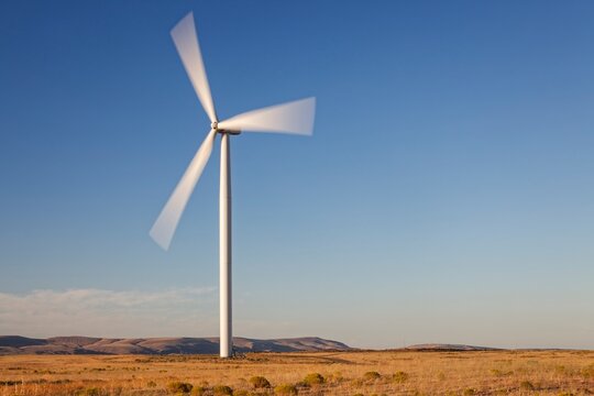 Large wind turbine spins in an open Oregon landscape with clear blue sky and golden fields, symbolizing renewable energy.