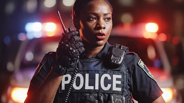 Police officer with radio at night