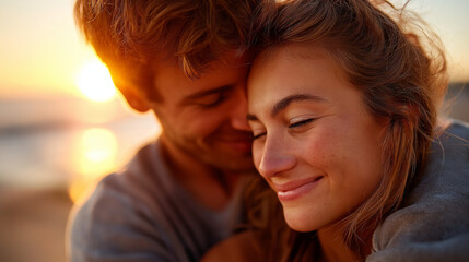 Young happy couple seashore display, hugging closely sunset enjoying loving, moment warm golden lights, beach romance visualization, coastal relationship concept, with copy space