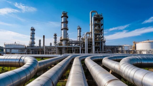 Large-diameter transport pipelines converging toward petrochemical processing facility. Industrial complex with distillation towers and storage tanks under clear sky