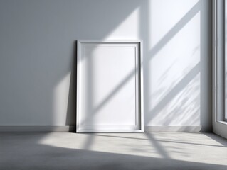 Clean interior frame mockup showing empty picture frame on neutral wall, suitable for poster and artwork presentation with gentle daylight