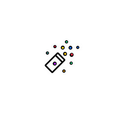 A white icon of a container with colorful dots scattered around on a black background