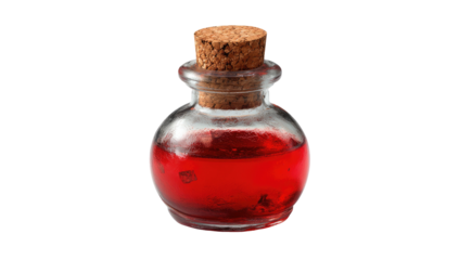 A small, glass flask filled with a vibrant red liquid, corked, against a black backdrop